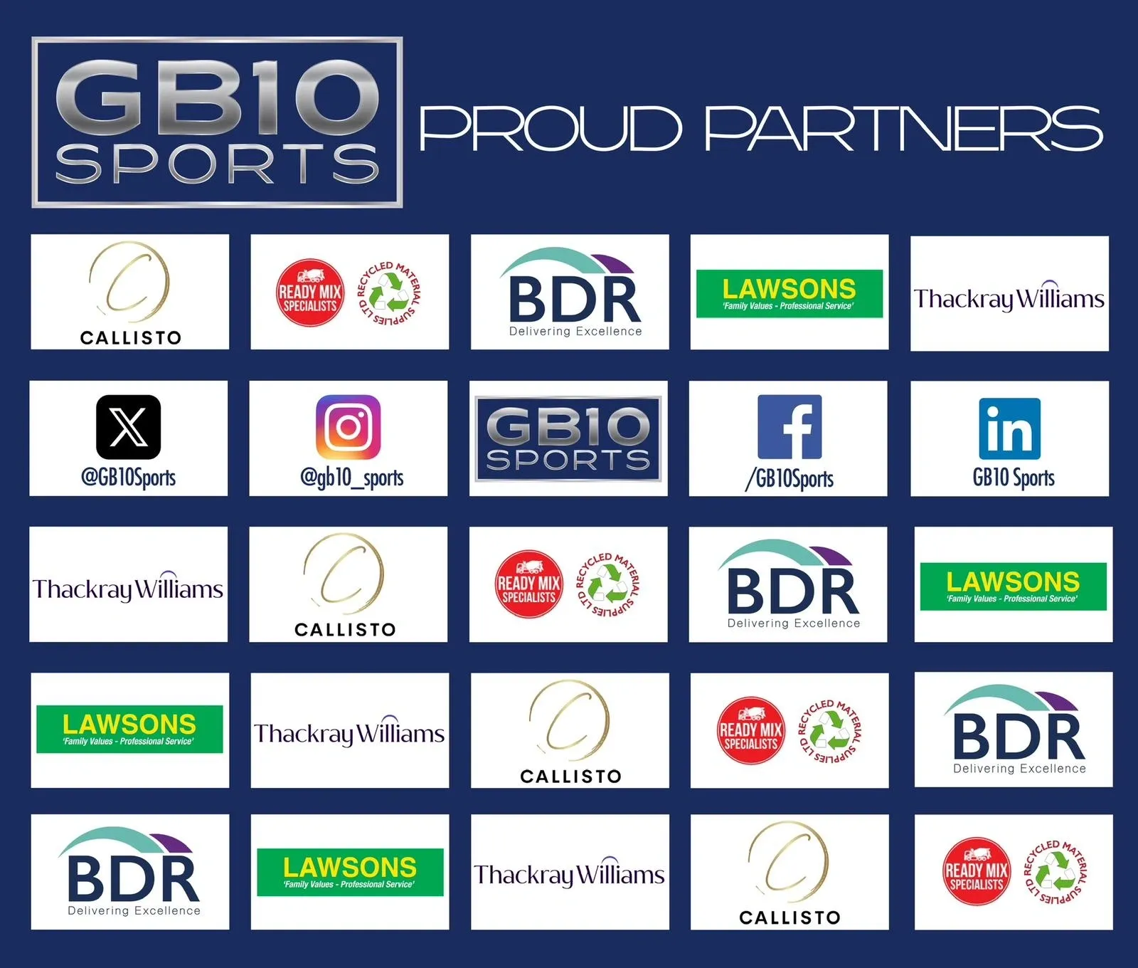 A digital sponsorship board for GB10 Sports displaying partner logos including Callisto, Lawsons, BDR Group, Thackray Williams, and Ready Mix Specialists, alongside GB10 Sports’ social media icons and handles.