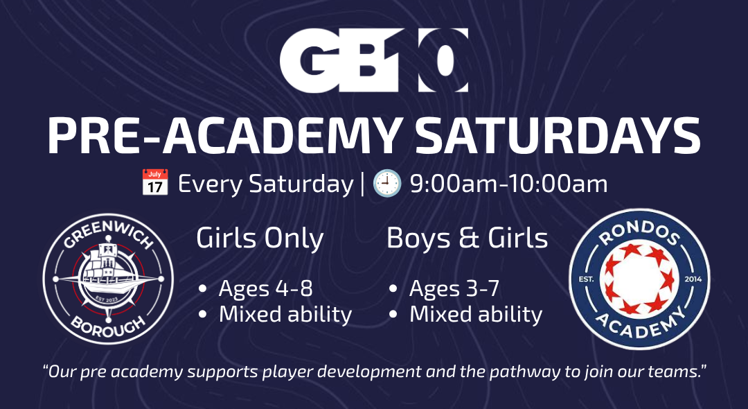 Graphic displaying the dates and times for Pre-Academy Saturdays at GB10.